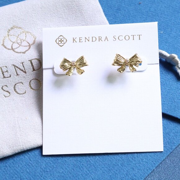 Kendra Scott x LoveShackFancy Bow White Crystal Stud Earrings - Gold - Picture 1 of 2